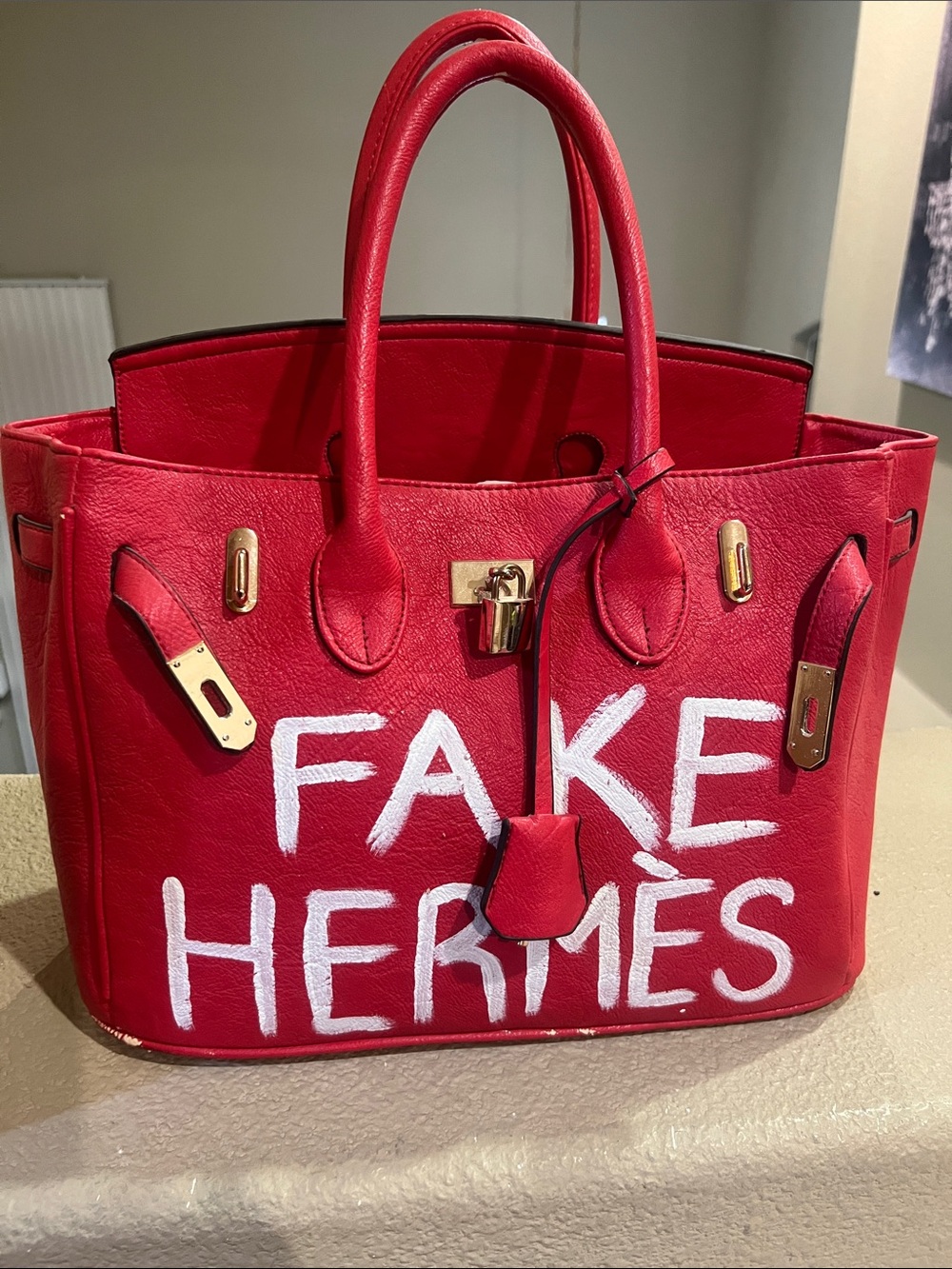 Red Women's Tote Bag “Fake Hermes” Logo
